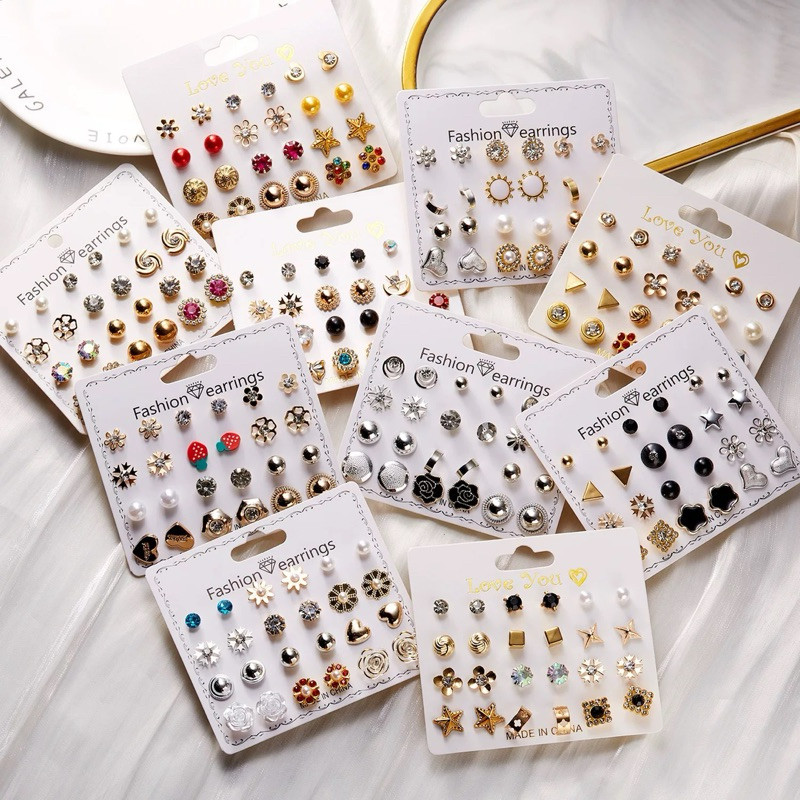 VS0418 12pasang anting tusuk fashion – set anting bunga, cinta, pita, stroberi & berlian