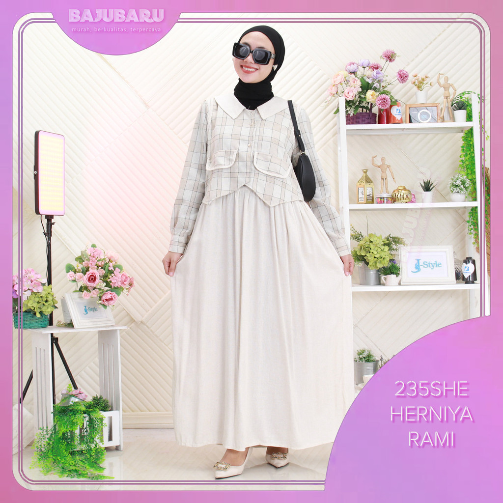 Herniya Gamis Linen Bulkud Wanita Muslimah Rompi Nyatu
