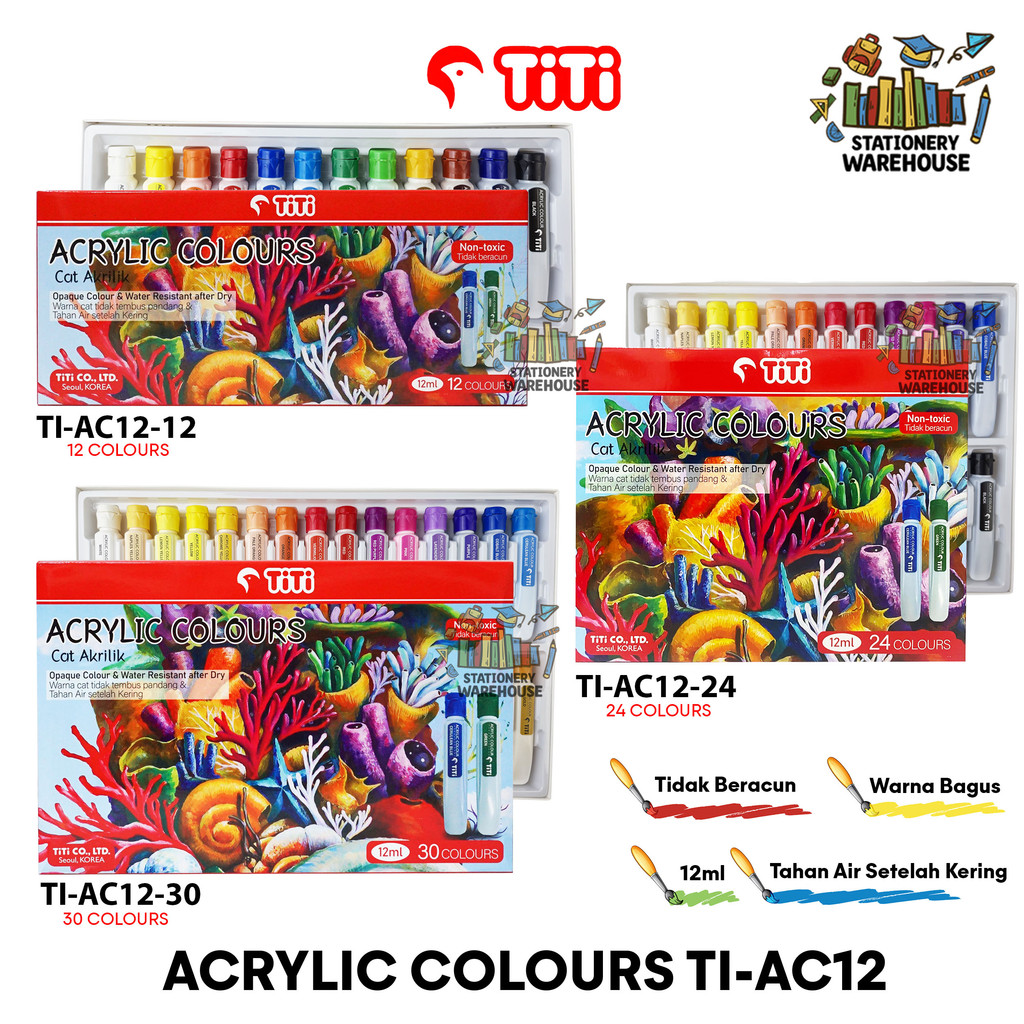 

Cat Akrilik Acrylic Color TITI TI-AC12 12 , 24 , 30 WARNA Cat Lukis Kanvas 12 ml