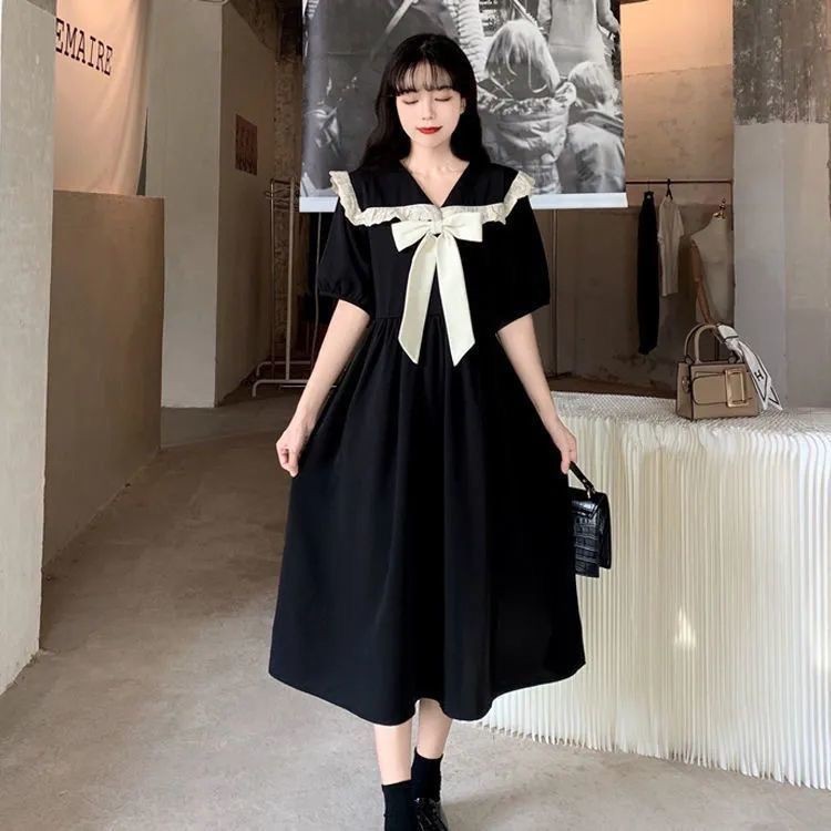 Gaun Hitam Wanita Ukuran Besar dengan Pita & Kerah Boneka midi dress midi dress korea korean midi dr