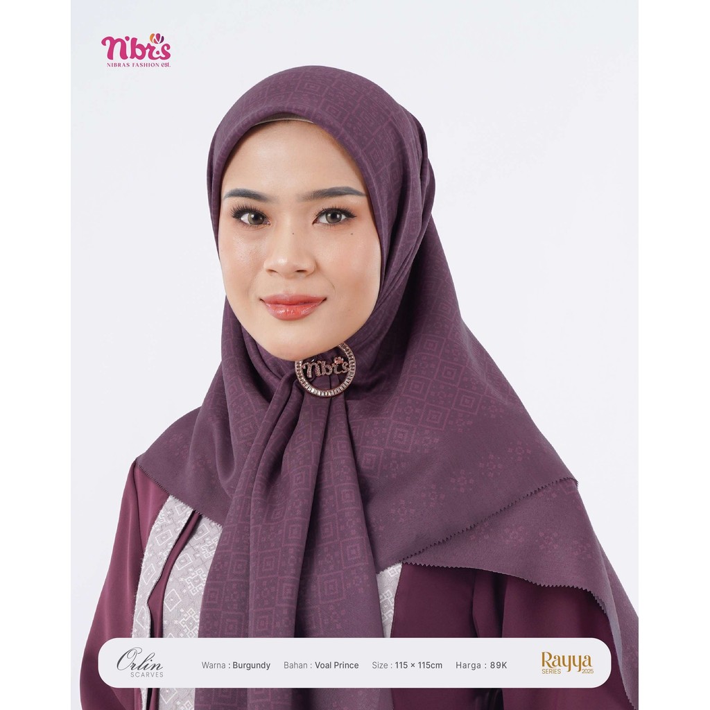 Nibras Orlin Scarves Hijab Segi Empat 115x115 cm Motif Voal Prince Lilac Burgundy Satu Warna