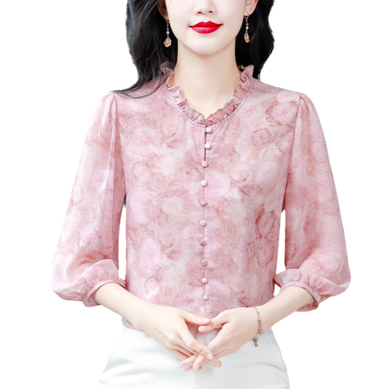 Bebovizi Blus Kasual Korea Fashion Lengan 3/4 Kemeja Wanita Sifon Biru Muda