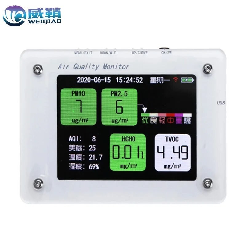 PM2.5 TVOC CO2 HCHO AQI Haze Formaldehyde Detector Air Monitor Temperature and Humidity with TF Card