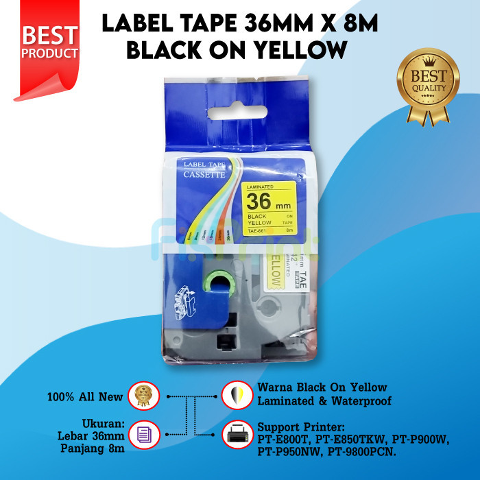 

Label Tape Black On Yellow 36mm TZE-661 Casette Laminated Compatible