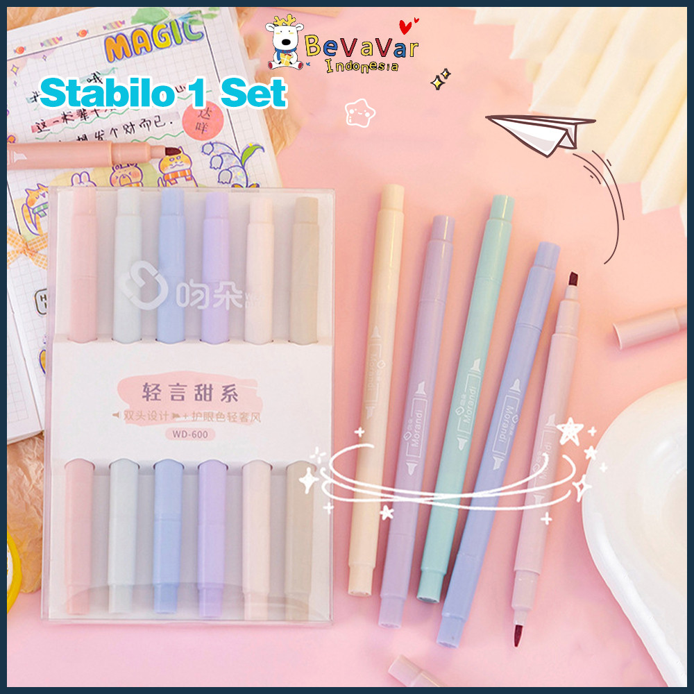 

BEVAVAR Highlighter vintage warna pastel stabilo dua sisi 6pcs 1 set