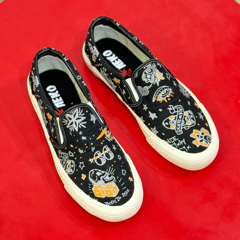 ( Bisa Nyala ) Sneakers Aeko Slip On Byd black Sablon Reflective - Sepatu Motif Pria wanita ORIGINAL