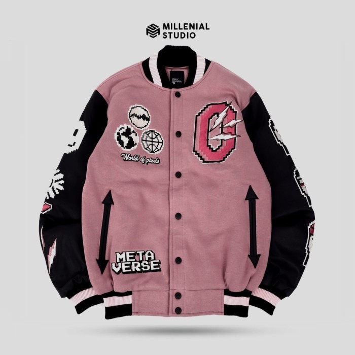 Diskon - Varsity Jacket Metaverse Pink Bordir Original Jaket Varsity Wanita - Metaverse Pink, M