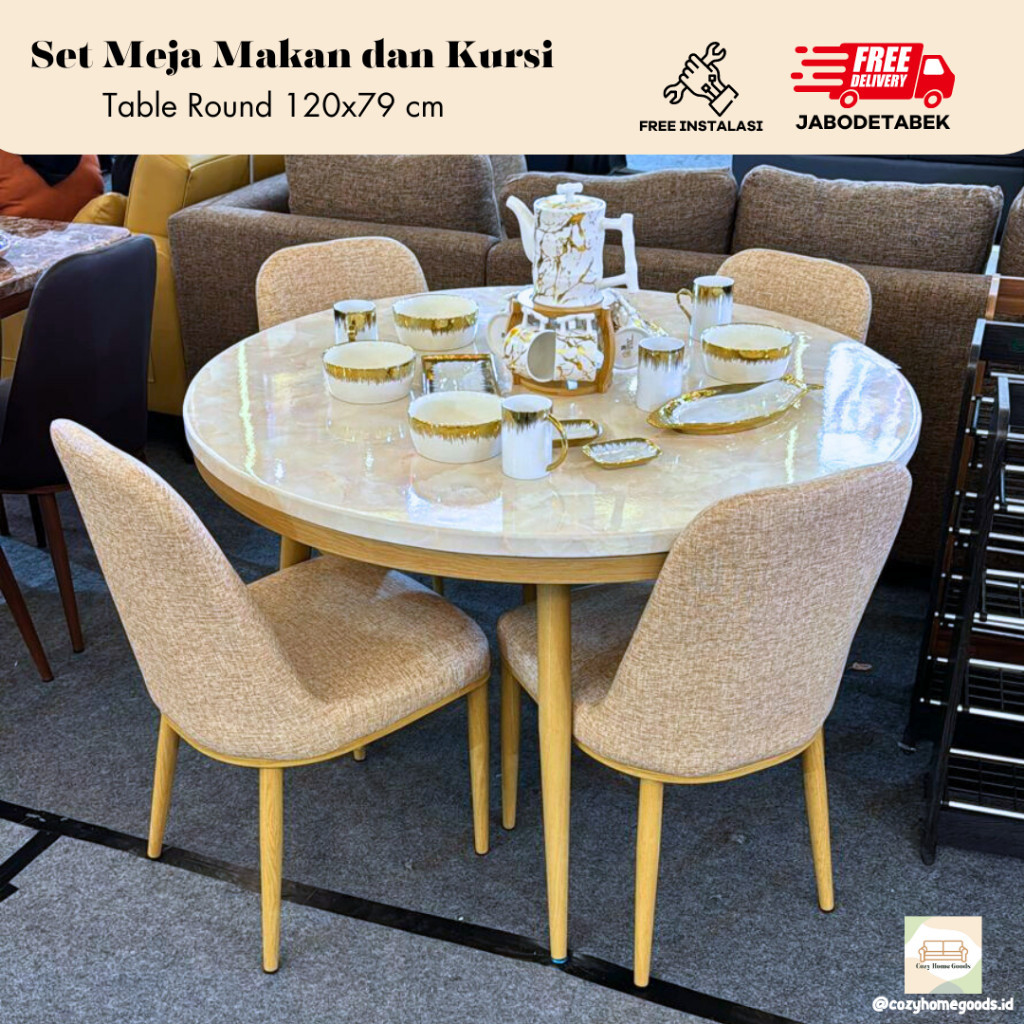 Meja Makan Marble Bundar/Bulat dan 4 Kursi - Set Meja Kursi Makan