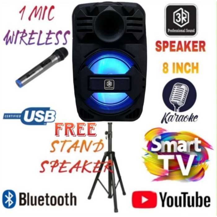 Speaker Portable 3R 8 Inch Karaoke Smart Tv Youtube + Stand Speaker