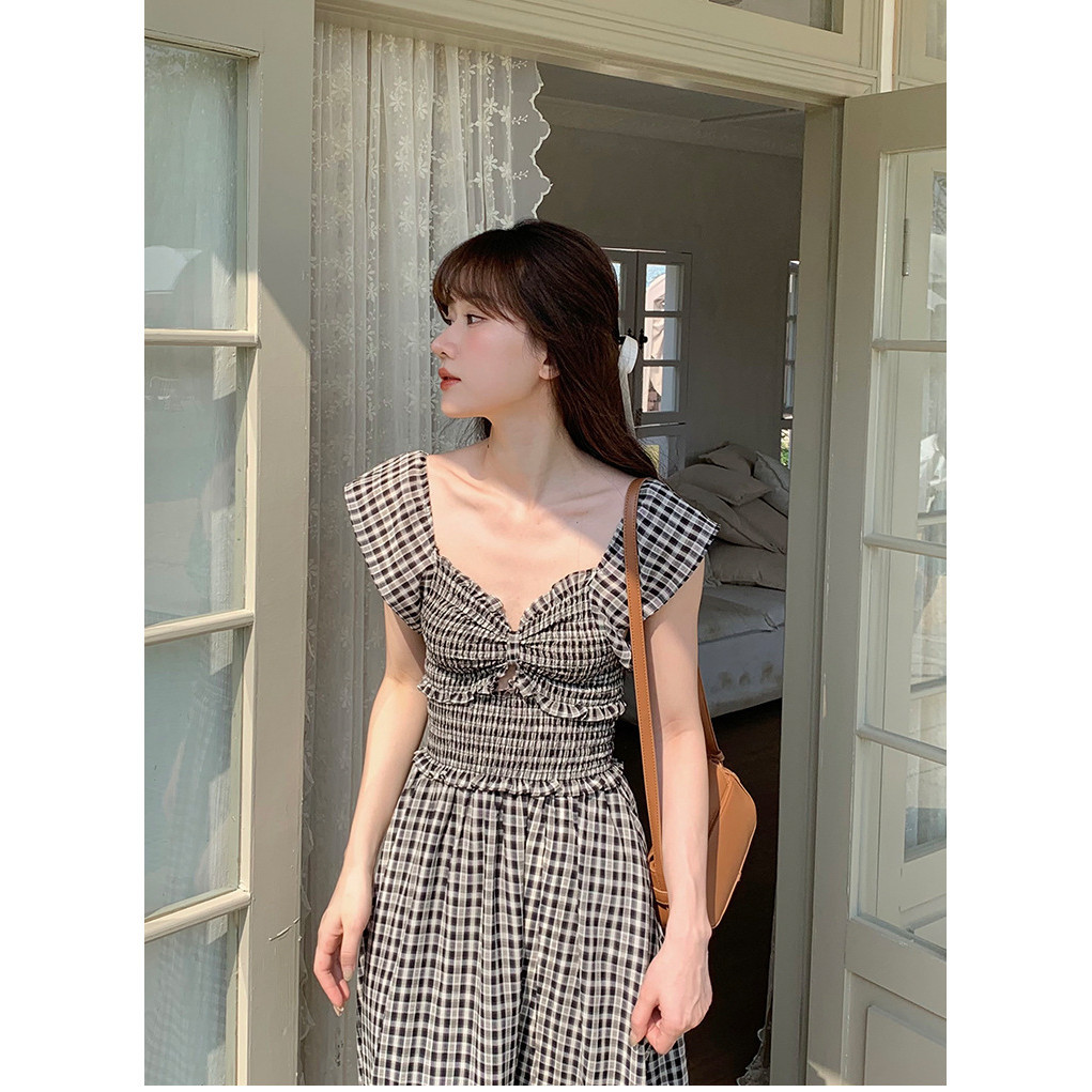 Midi Dress Sabrina Motif Kotak Hitam Putih Black White - Busana Sabrina Casual Kasual / Korean Style