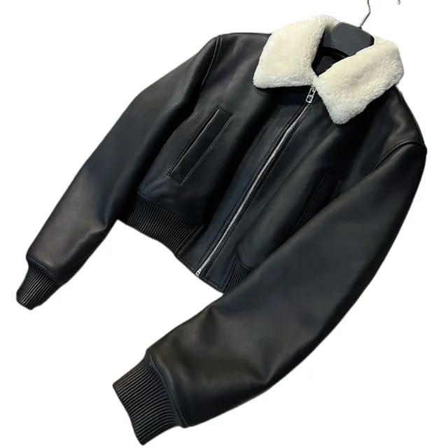 Jaket Kulit Crop Wanita Berkerah Bulu