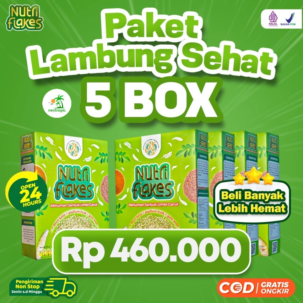 

Nutriflakes Paket 5 Box - Nutriflakes Umbi Garut Asam Lambung Solusi Tepat Atasi Asam Lambung Maag Gerd Kronis Diabetes Kolesterol Atasi Gangguan Pencernaan 100% Original Neotropic.id