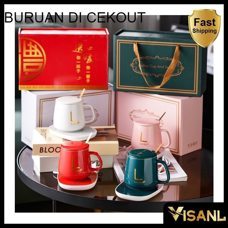 Gelas Set Keramik / Mug Cangkir Gelas Listrik Pamanas Penghangat Minuman Kopi Susu Cup Coffee Warmer