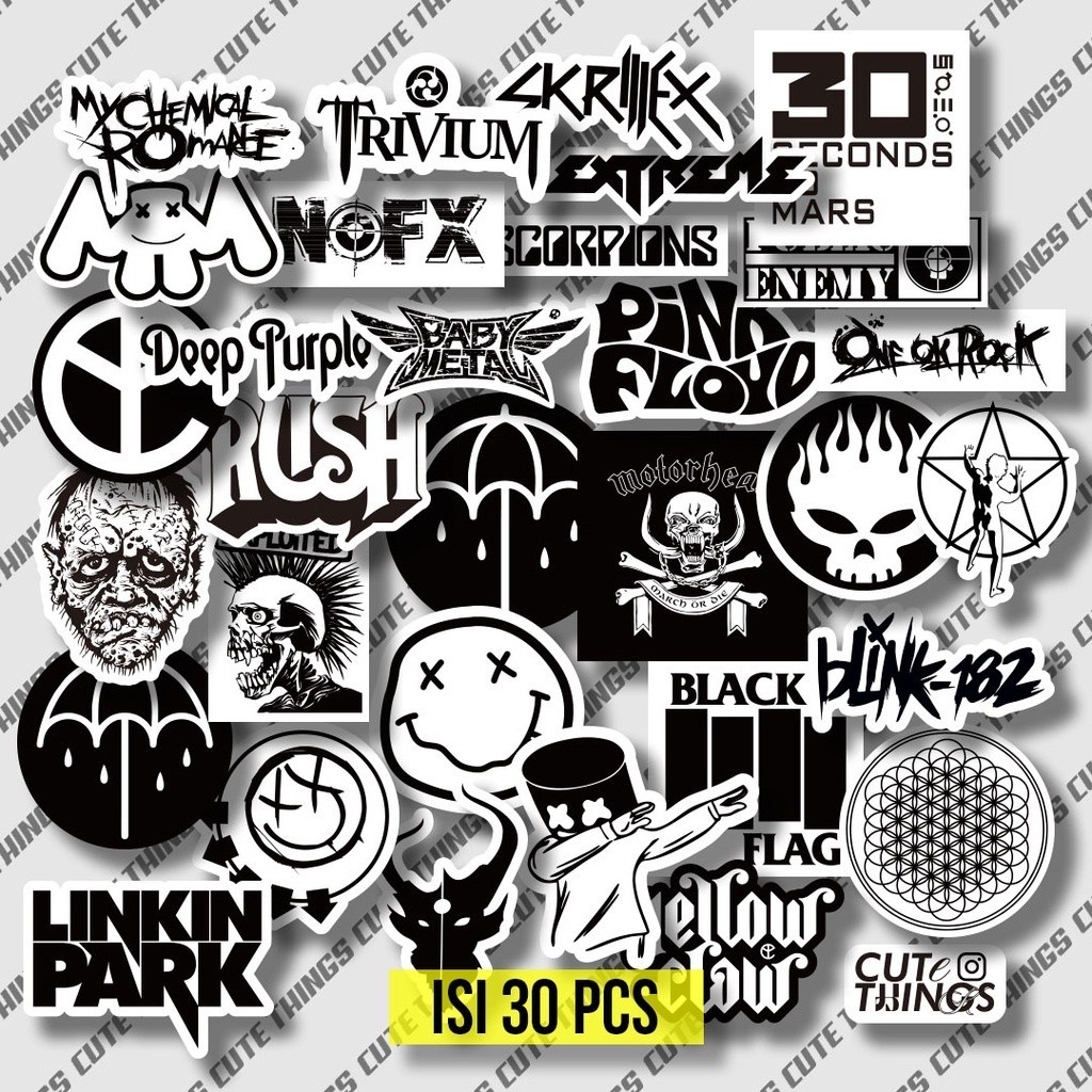 

30PCS stiker pack band metal series BAND 30 black white band untuk hp laptop helm tumbler motor brand band hype