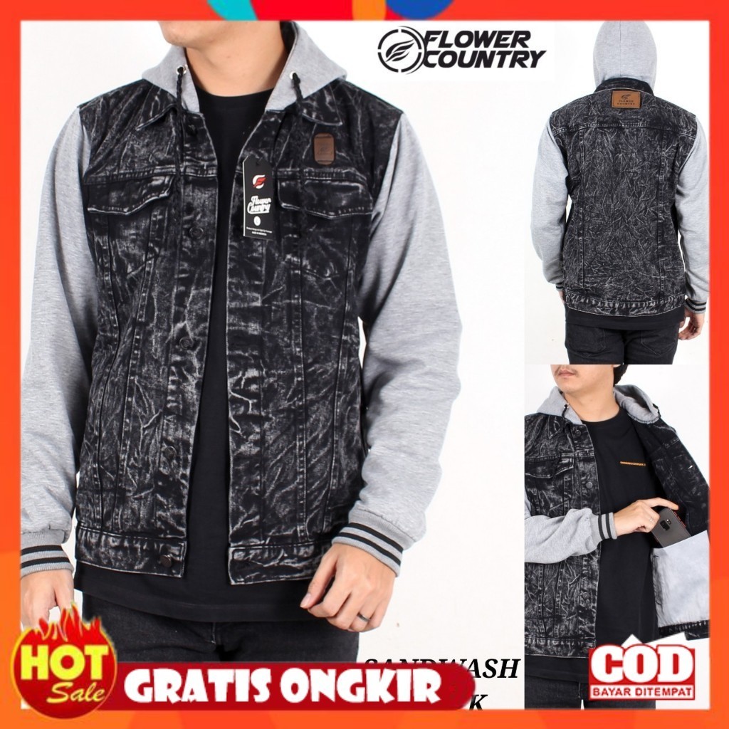 [PREMIUM ORIGINAL] SIXTEEN - Jaket Jeans Denim Reglan Sandwash Jeans Boy Hoodie Kombinasi Fleece M L