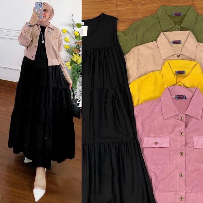 Syakila Set Jaket Dan Iner Dress Susun Gamis Rompi Pisah Kekinian Onset Wanita Muslim Ukuran Jumbo D