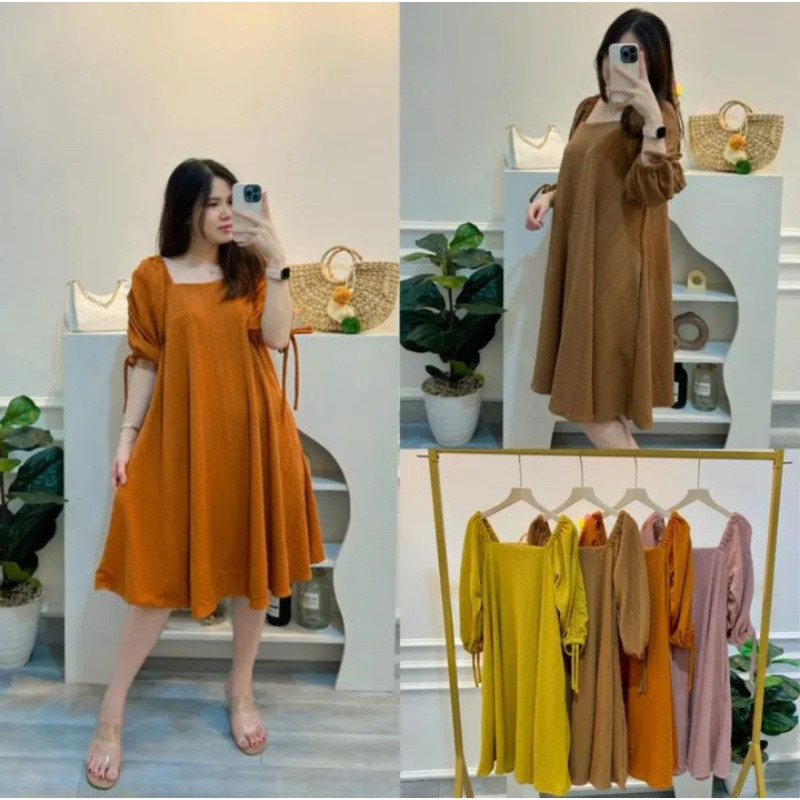 ASTER DRESS WANITA CRINKLE AIRFLOW / DRESS CRINKLE LENGAN SERUT/ DRESS CRINKLE PENDEK KOREAN STYLE//
