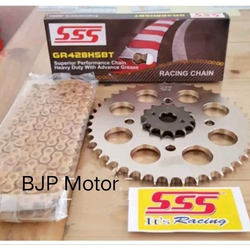 Gear Set FULL SSS 428 R15 New/V3 + Rantai SSS 428 HSBT GOLD 140L + Pilihan Gir Depan SSS  (13/14/15/
