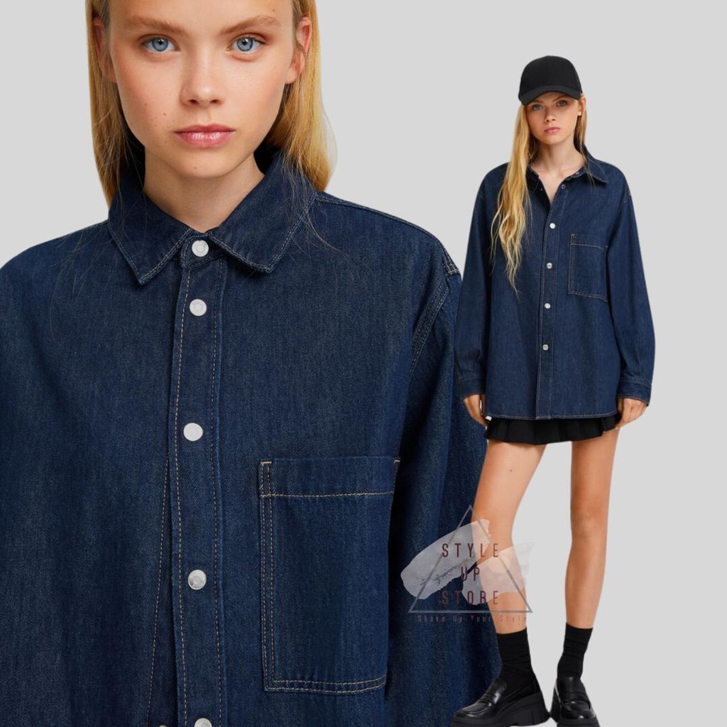 [ STYLEUPSTORE ] BERSHKA Kemeja Denim Oversize Unisex - Denim Overshirt