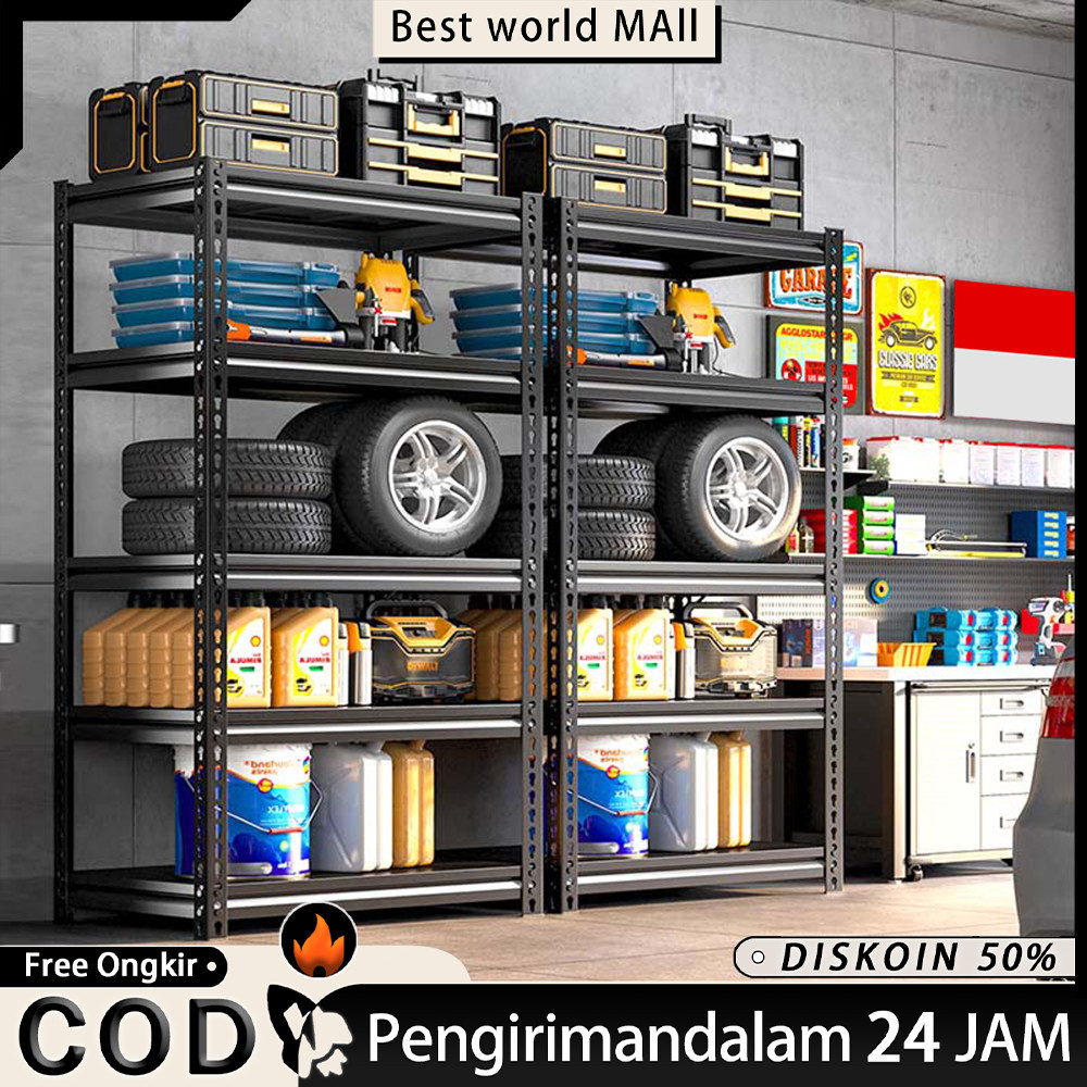 【100% BESI】Rak Besi Susun Rak Besi Siku 5 Susun Rak Barang Rak Gudang Rak Dapur Rak Buku Minimalis//