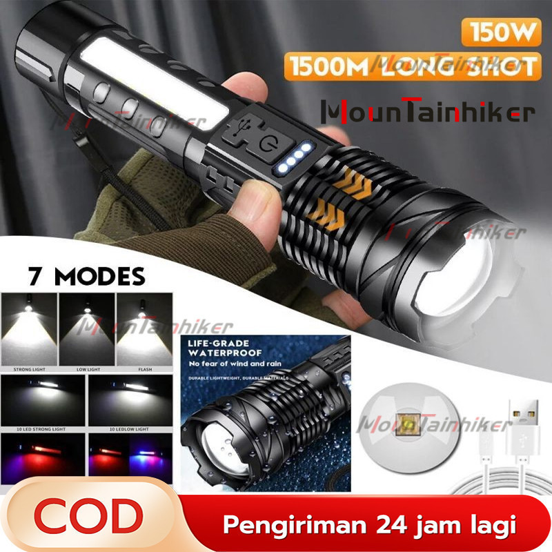 【COD】Senter Led Super Terang Jarak Jauh 2km Ori Led Lampu Camping 7 Mode Senter Led Rechargeable Sen