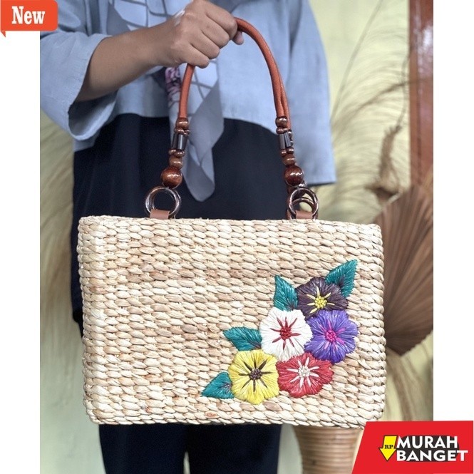 tas jinjing wanita Tas Enceng gondok kotak sulam bunga pojok