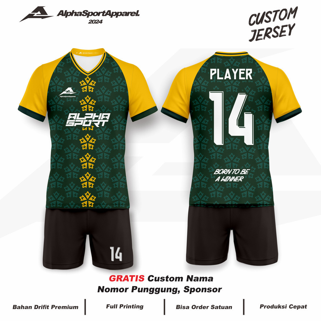 Jersey  Bola Futsal Voli Badminton 250 Motif Batik Hijau Kuning Gratis Custom Logo Nama Nomor Warna 
