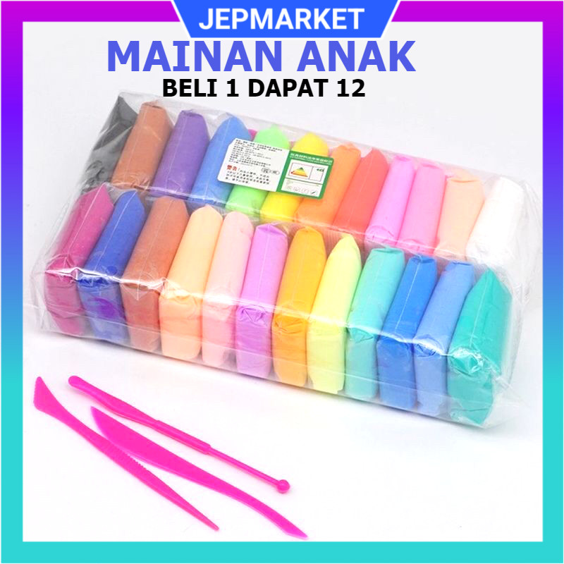 SQUISHY POLYMER CLAY SOFT CLAY 1 SET ISI 12 PCS + ALAT PEMBENTUK WARNA / Mainan Anak (12 pcs) Edukas