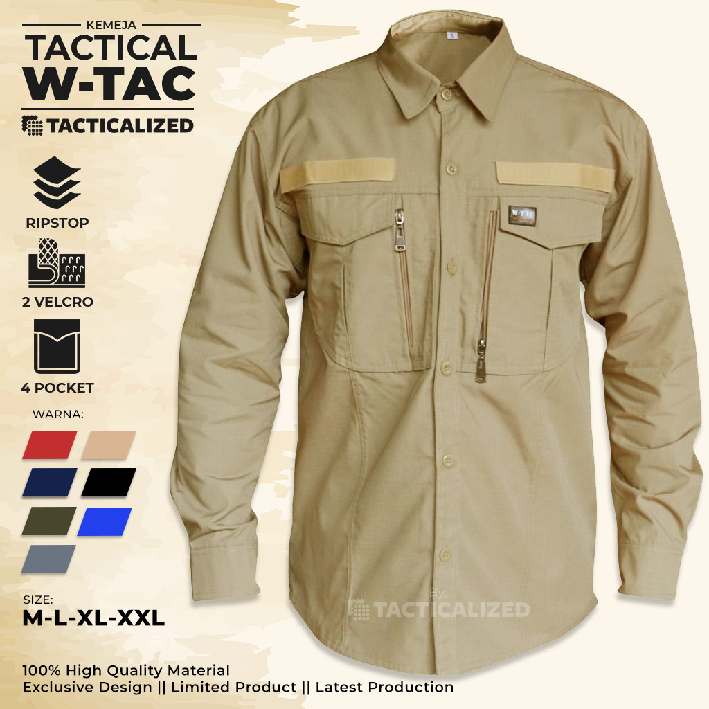 Kemeja Tactical Pria Lengan Panjang W-TAC RIPSTOP Baju Kerja Lapangan