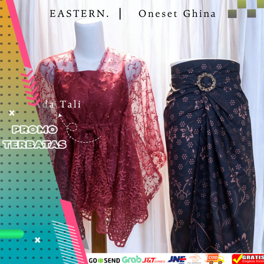 (Paket 5in1) Kebaya Merah Maroon Baju Kondangan Wanita Kekinian Hijab Oneset Modern Wisuda Brukat hi