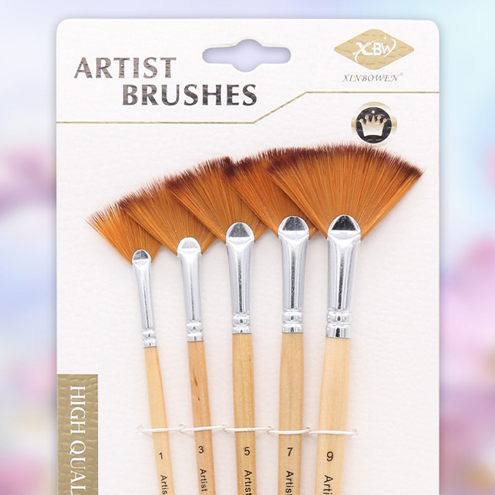 

5Pcs Wooden Gouache Set for Watercolor Oil Painting Art Supplies Fan Shape Nylon Hair Brushes Fan Type Watercolor Paint Brushes