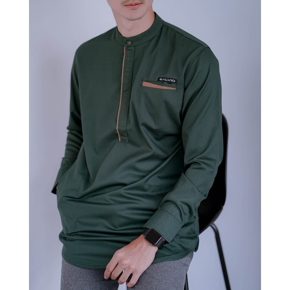 cm57jk Salvio Hexia Baju Koko Kurta Lengan Panjang Warna Hijau Botol Baju Muslim Pakistan Toyobo Pre