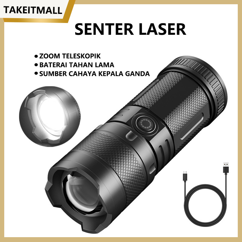 Senter Laser Tahan Air Yang Tahan Lama Senter LED Super Terang Jarak Jauh Senter USB Jarak Jauh Zoom