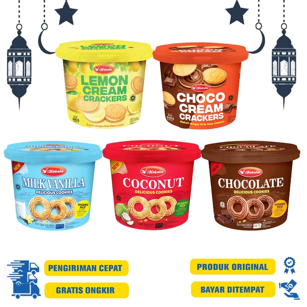 

Kokola Delicious Cookies Coconut | Milk | Chocolate 320gr|Crackers Lemon Cream | Cokelat Cream 240gr