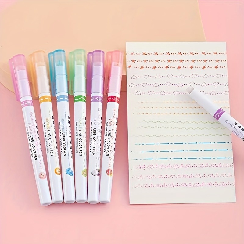 

6Pcs/Set Kawaii Flower Line Shape Highlighter Pen Roller Tip Curve Liner Marker Kawaii Korean Stationery School Office Supplies