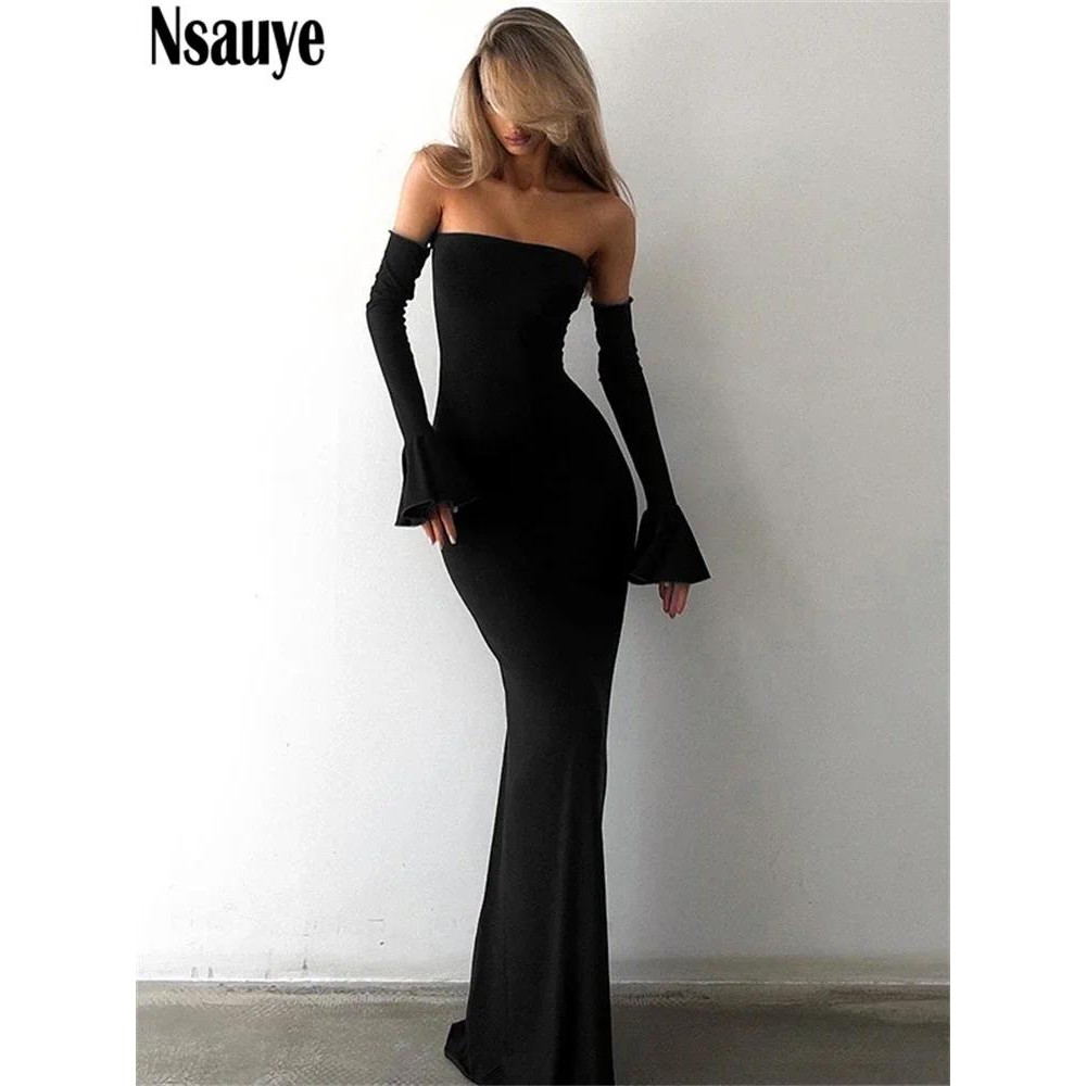 Nsauye Autumn Chic Elegant Women Sexy Evening Birthday Party Night Club Dress Off Shoulder Long Slee