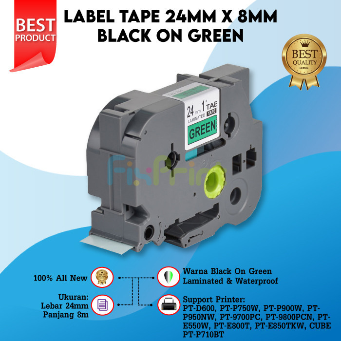 

Label Tape Casette Laminated 24mm Black On Green TZE-751 TZe-751 Compatible