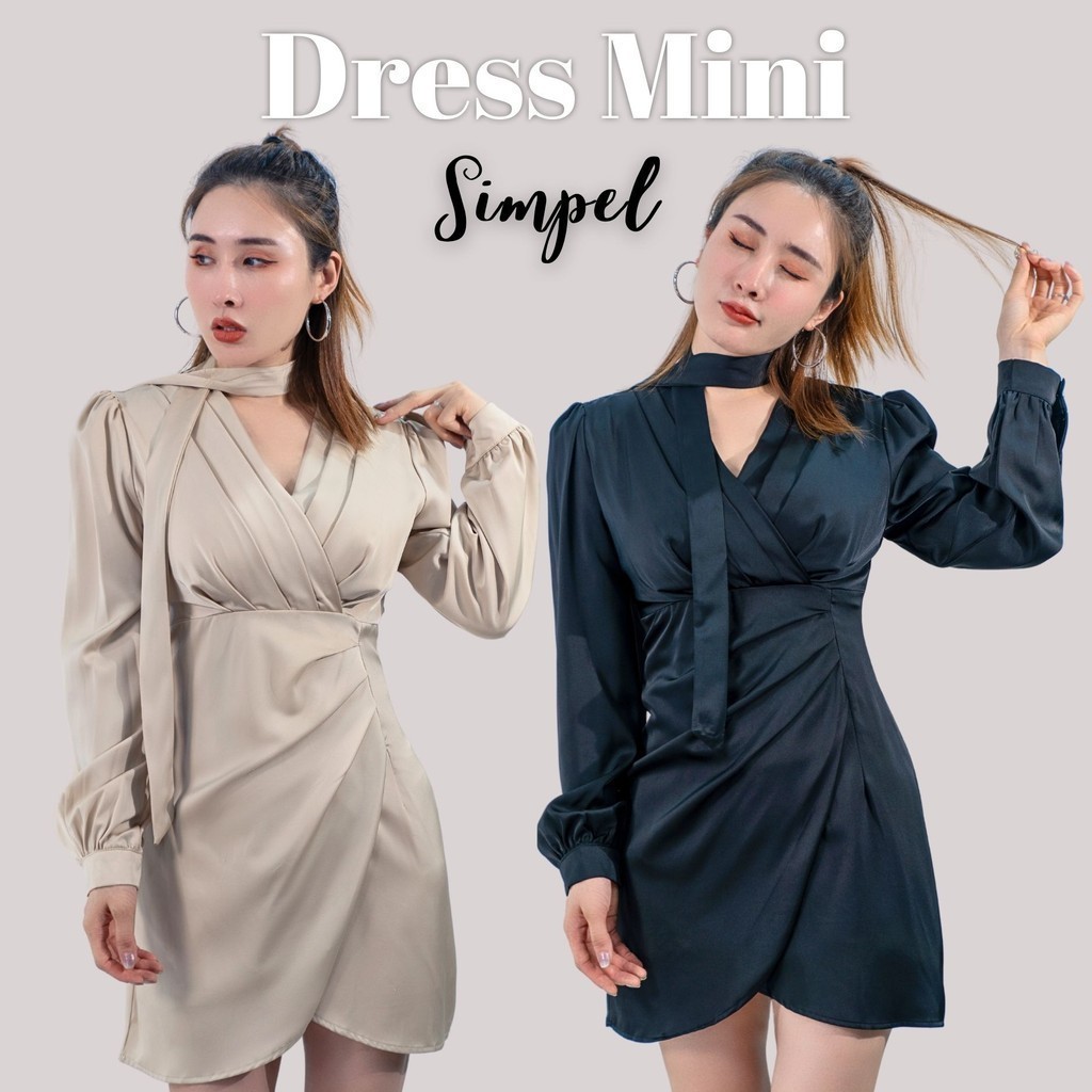 FOLADY - A017 Dress Wanita  Import Dress Mini Lengan Panjang  V - Neck + Tali Pinggang 3 Warna Putih