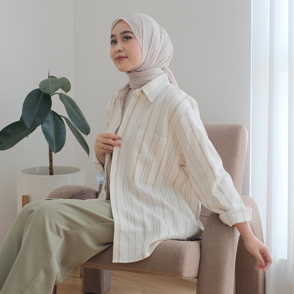 DAMI Kemeja Wanita Salur Linen Shirt MARU Pakaian Kerja Atasan Formal Garis garis Cewek