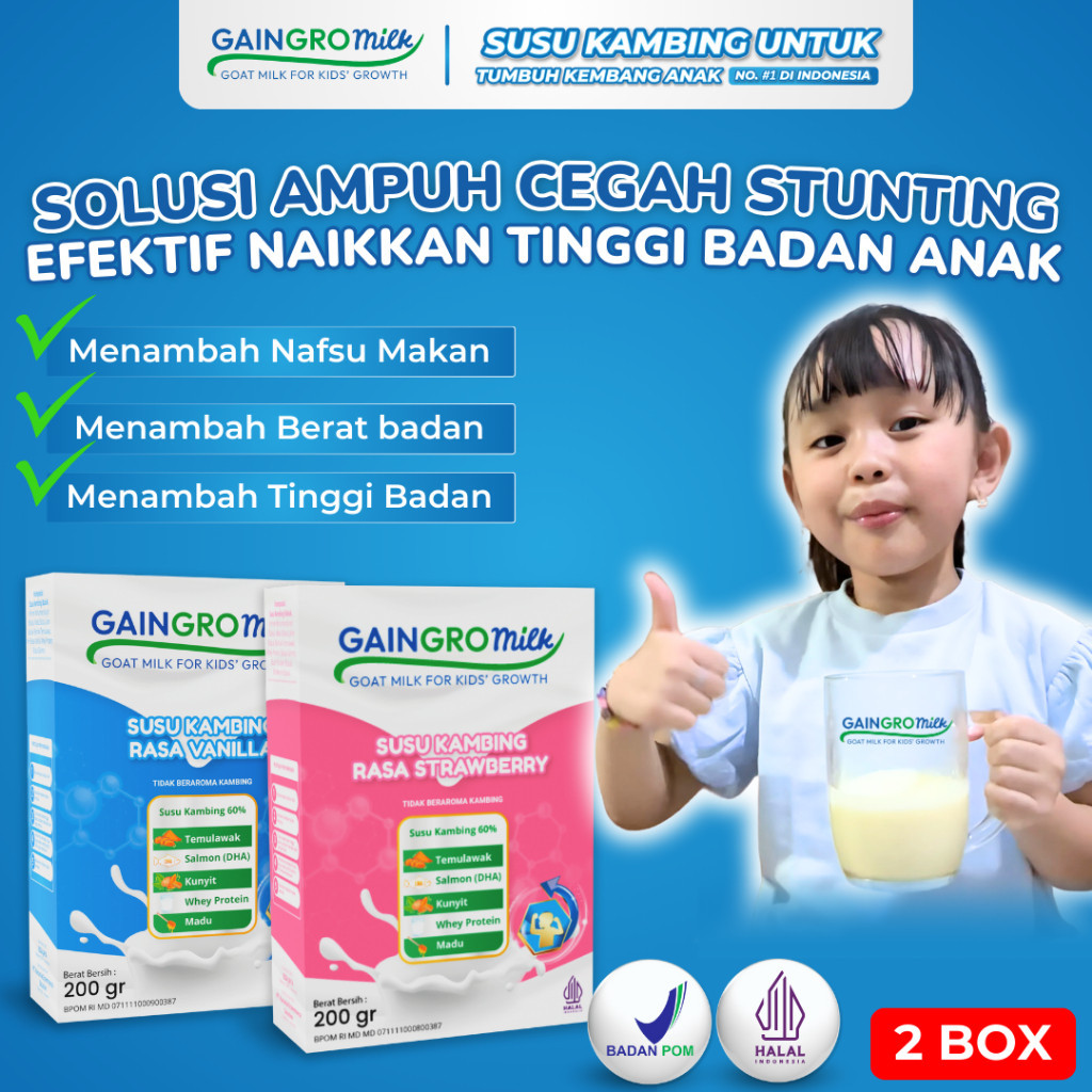 

PAKET 2 BOX GAINGRO MILK VANILLA & STRAWBERRY Susu Kambing Penambah Tinggi Badan Anak joyskincare.bekasi