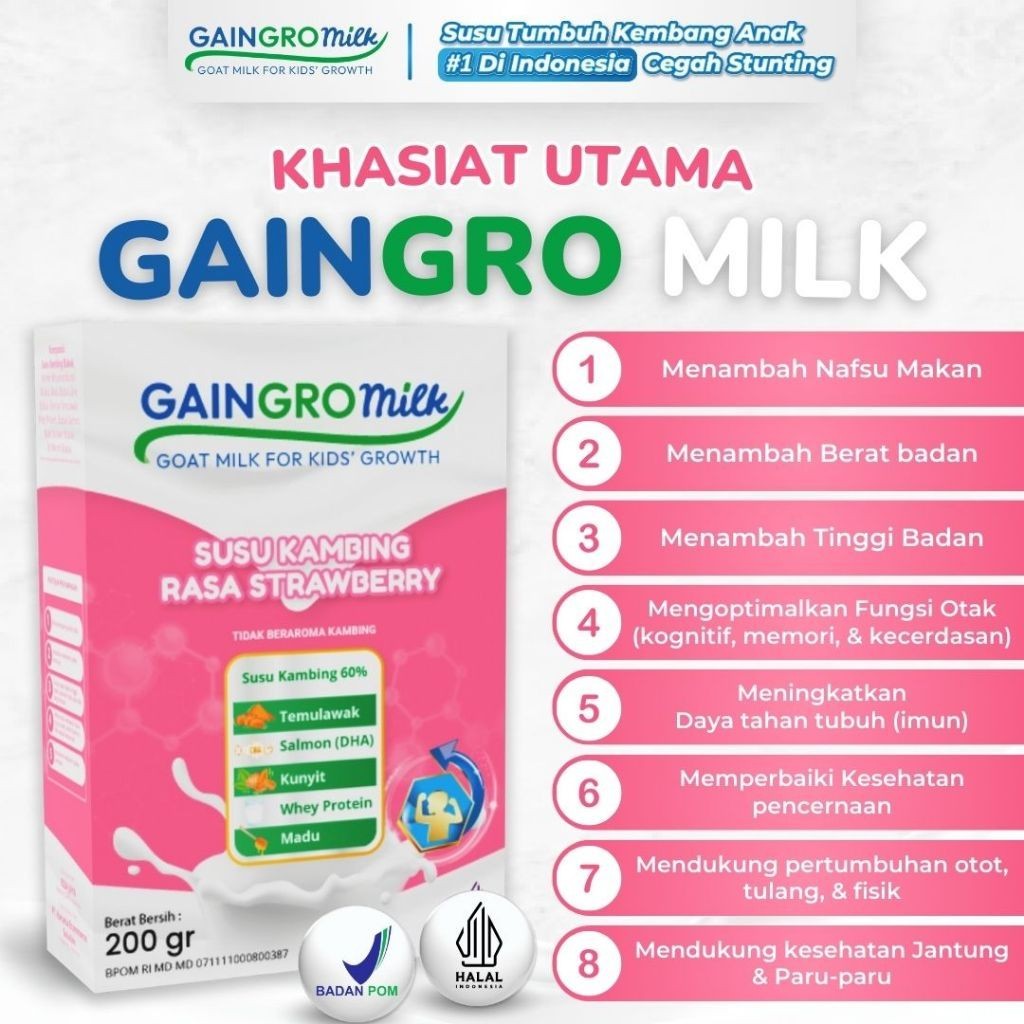 

SUSU STRAWBERRY Susu Kambing Anak Rasa Strawbery Penambah Tinggi Badan Anak - GainGro Milk Indonesia
