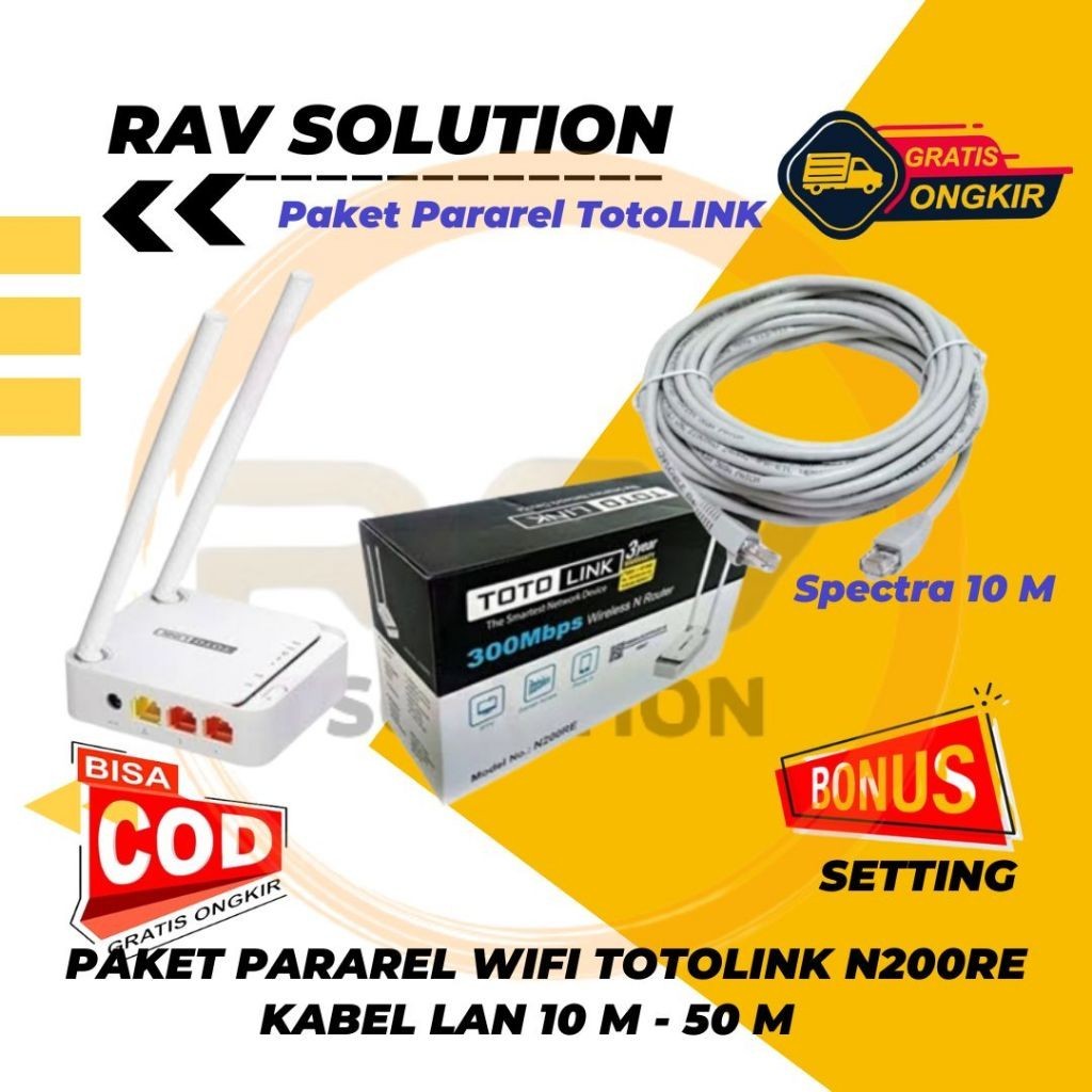 KAIZER PAKET PARAREL WIFI TOTO LINK N200 + KABEL LAN 30 METER FULL SETTING