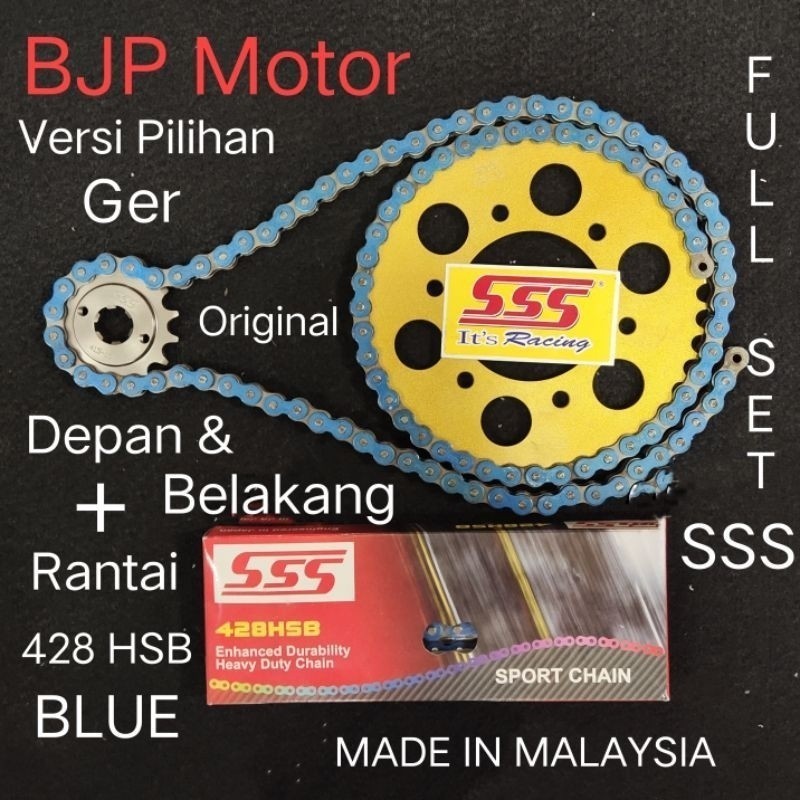 Gear Set FULL SSS 428 Vixion/New, R15, V1,V2, MX-King, Xabre, Byson +  Rantai SSS 428 HSB 130L BIRU/