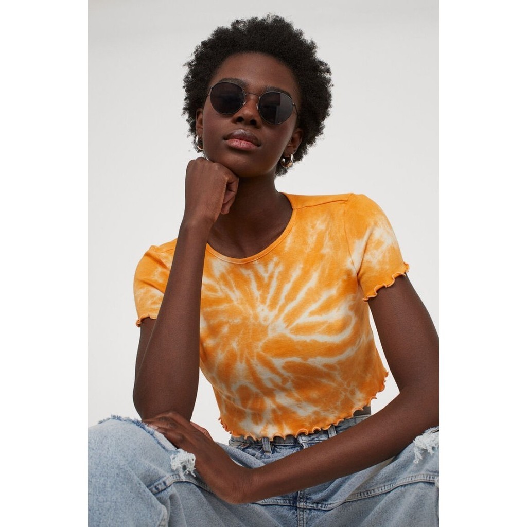 H&M kaos crop wanita cropped top - Orange, XS