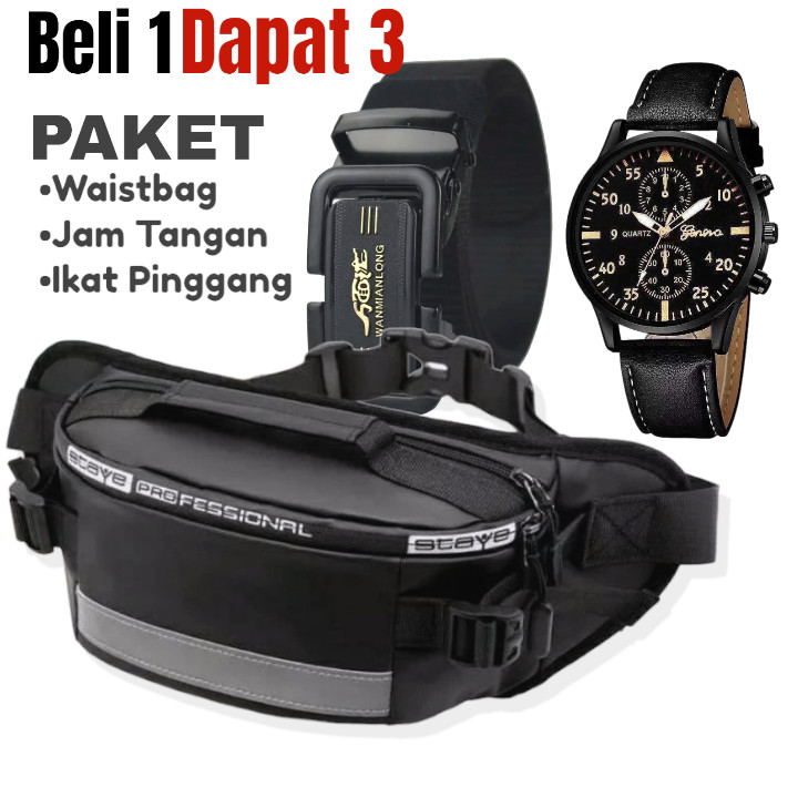 Tas Selempang Pria Keren Tas Professional Waistbag Korean Style GRATIS Jam Tangan & Ikat Pinggang