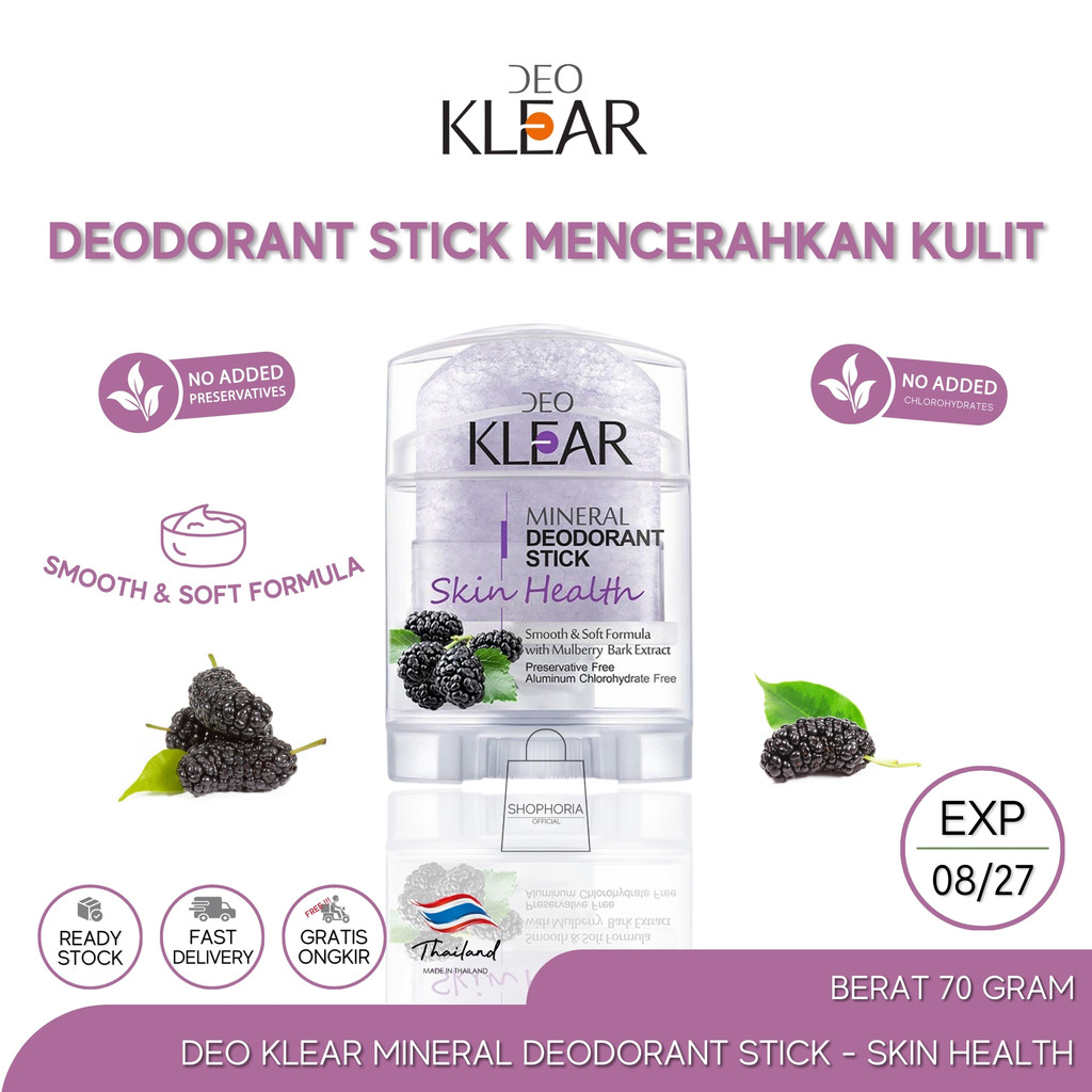 Deo Klear Mineral Deodorant Stick Skin Health Formula Lembut Halus Berat 70 Gram Original Thailand D