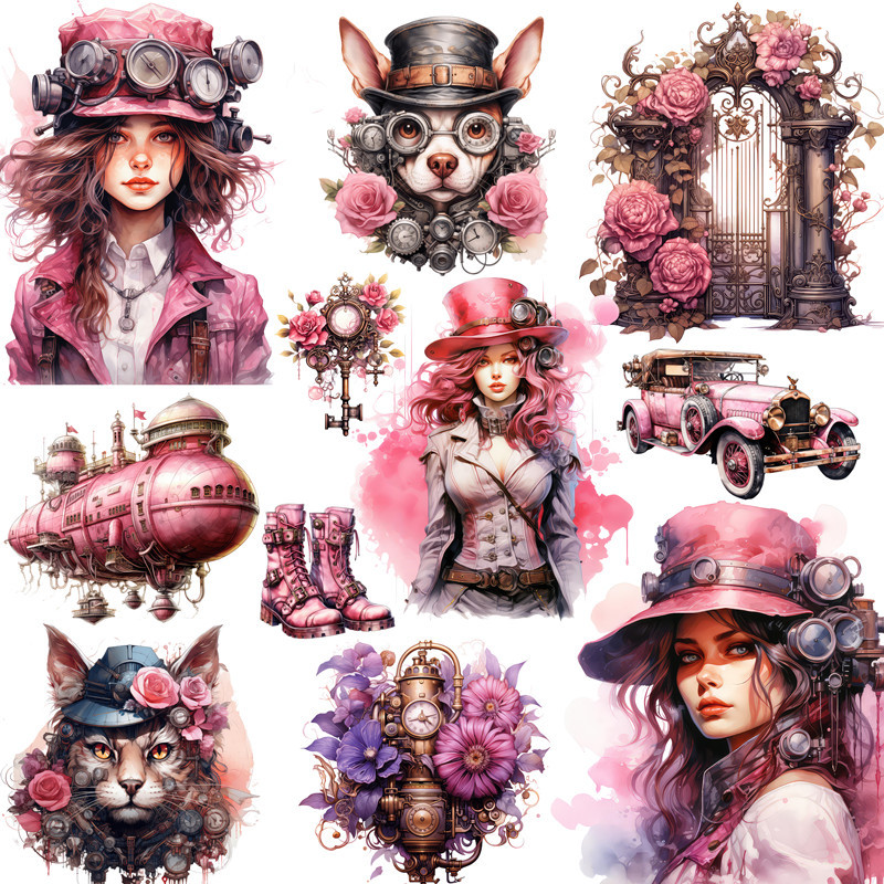 

20Pcs/Pack Pink Steam Punk Sticker DIY Craft Scrapbooking Album Junk Journal Decorative Stickers