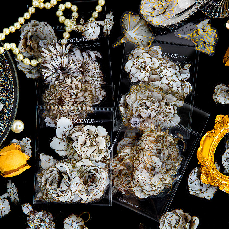 

Journamm 30pcs/pack Flower Stickers Gold Stamping Creative Scrapbooking Supplies Collage Junk Journaling Materials Crafts Diary