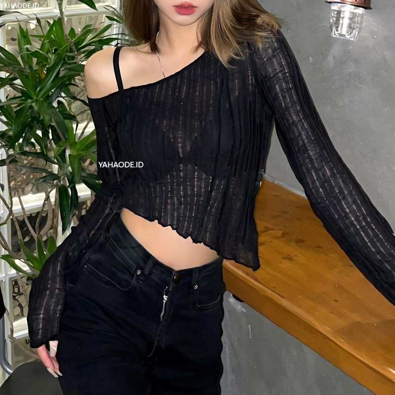 YAHAO-Kemeja Wanita Pendek Hitam Seksi Blus Lengan Panjang Blus Ramping Bawahan Tidak Beraturan