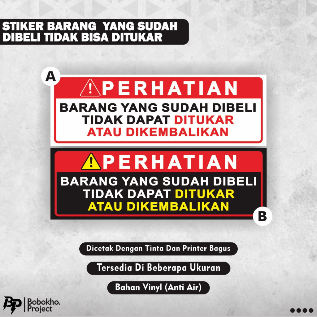 

Stiker Barang yang sudah dibeli tidak dapat ditukar / Stiker Barang yang sudah dibeli tidak dapat dikembalikan / Stiker produk tidak dapat ditukar